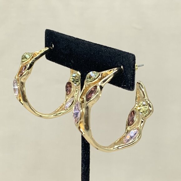 R J RJ Graziano Hoop Earrings Crystal Inside Out Glow On Gold Tone Warm Color - Picture 4 of 8